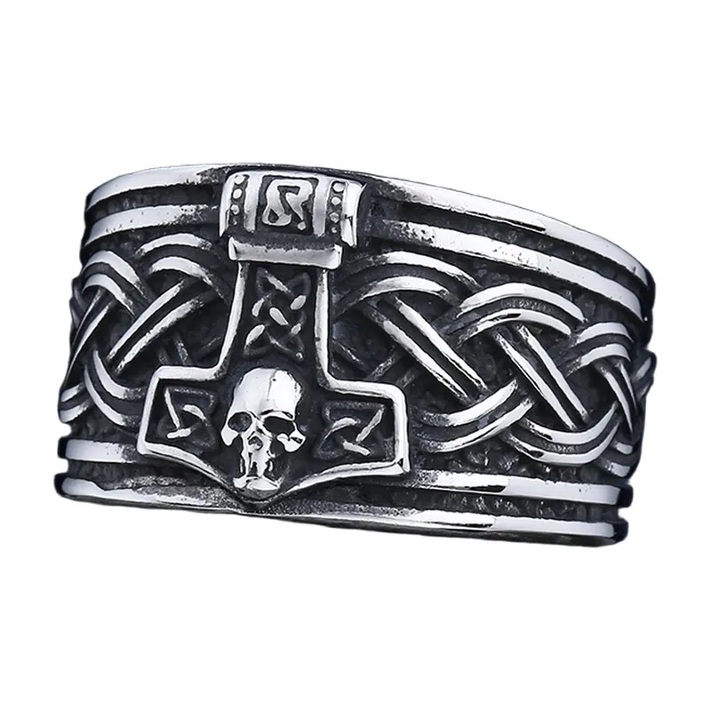 Bague Mjölnir Marteau de Thor avec Crâne, Acier Inoxydable