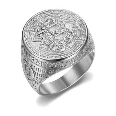 Bitcoin Symbol Signet Ring with Cubic Zirconia, Stainless Steel