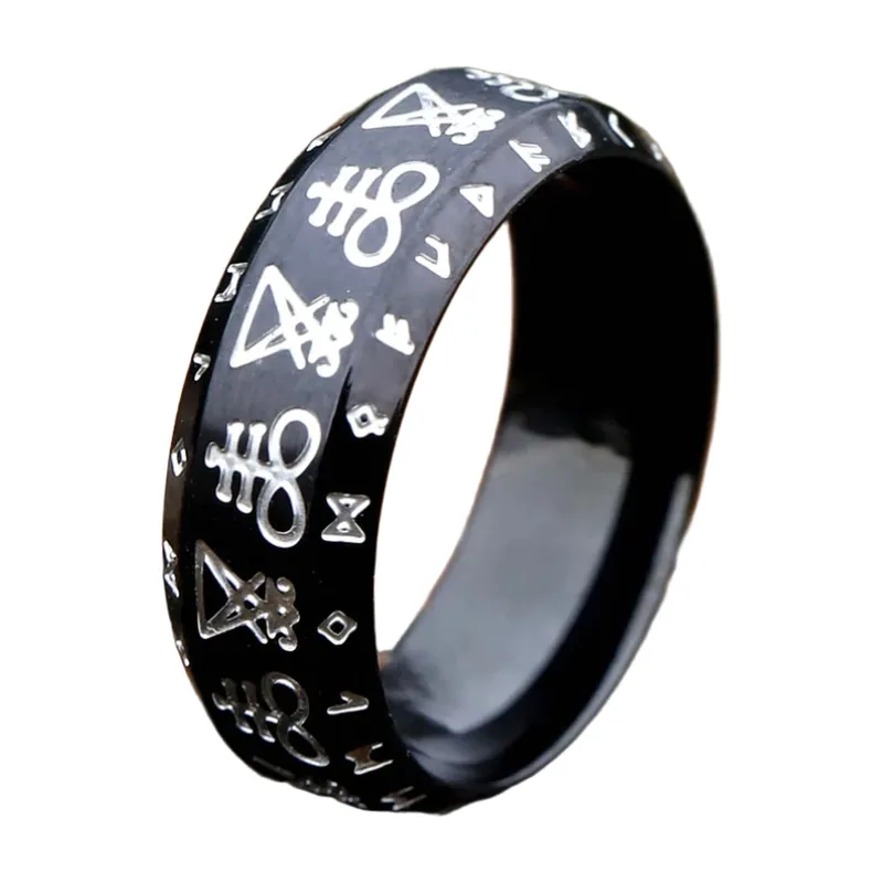 Bague Sceau de Satan avec Symboles Occultes, Acier Inoxydable