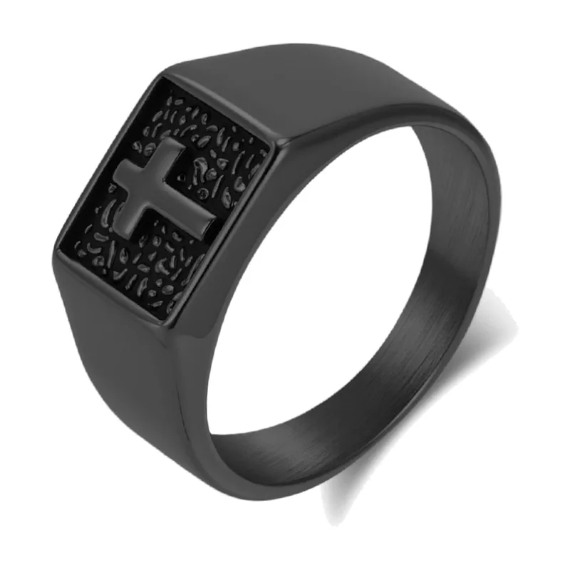 Anillo Sello Cuadrado con Motivo de Cruz, Acero Inoxidable 316L