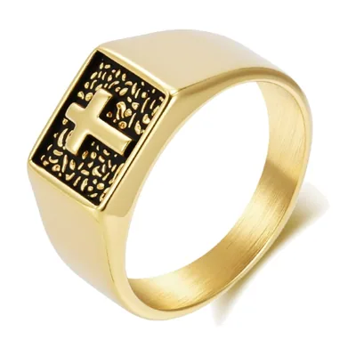 Anillo Sello con Motivo de Cruz, Acero Inoxidable