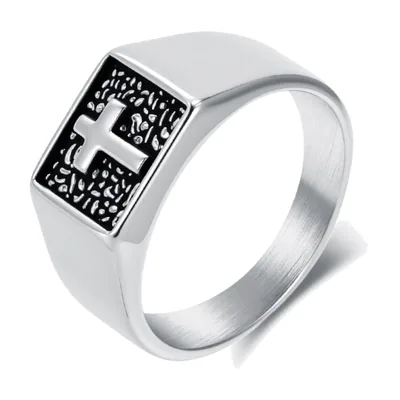 Anillo Sello Cuadrado con Motivo de Cruz, Acero Inoxidable