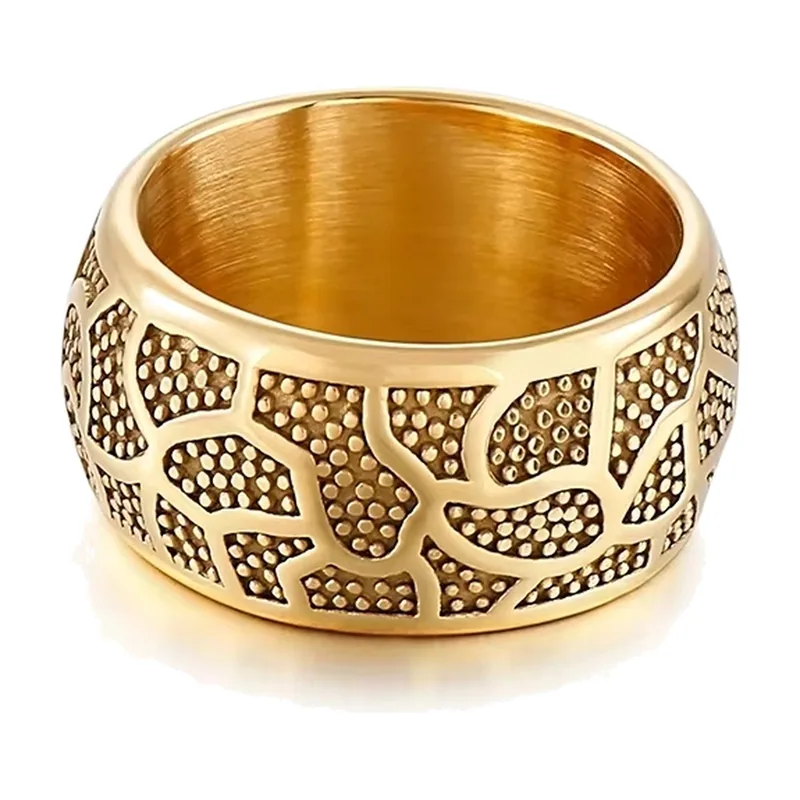 Wide Band Ring with Geometric Totem Pattern, Stainless Steel