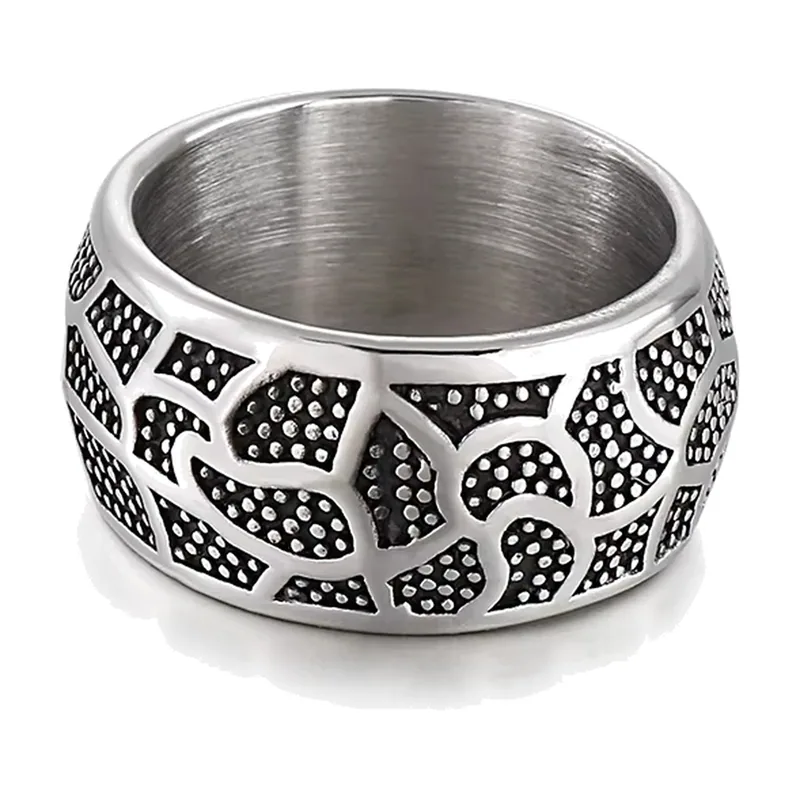 Anillo Ancho con Motivo de Tótem Floral, Acero Inoxidable