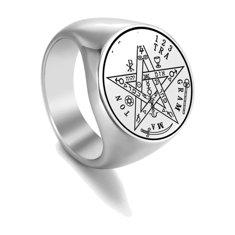 Anello Sigillo con Pentagramma e Tetragrammaton, Acciaio Inox