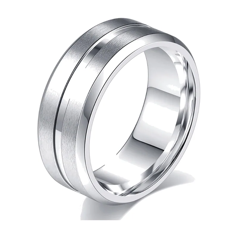 Brushed Band Ring with Polished Grooves, Stainless Steel