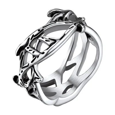 Anillo de Cruz y Corona de Espinas, Acero Inoxidable 316L