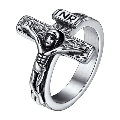 Anillo de Crucifijo con Corona de Espinas, Acero Inoxidable 316L