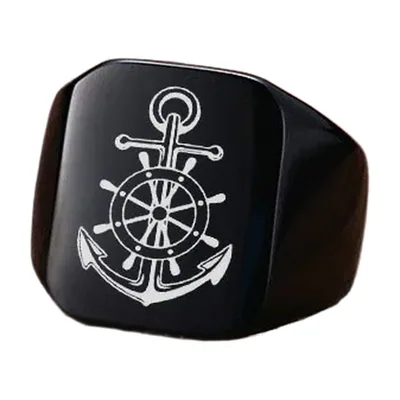 Nautical Signet Ring with Anchor and Ship Wheel, Stainless Steel