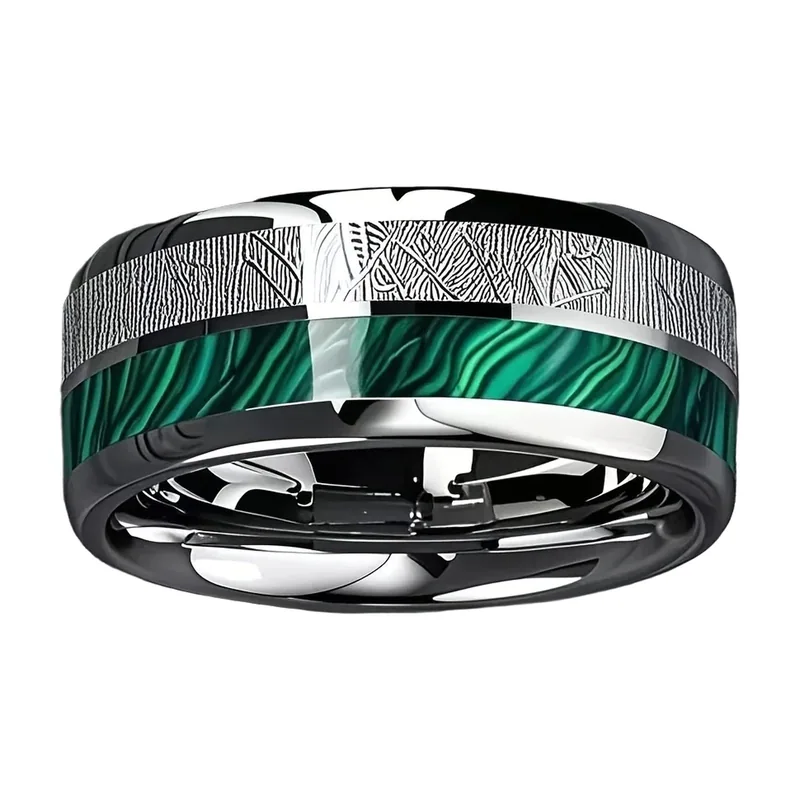 Anello in Malachite e Meteorite, Acciaio Inossidabile