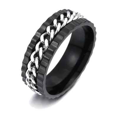 Anillo de Eslabones de Cadena Curb en Negro y Plata, Acero Inoxidable