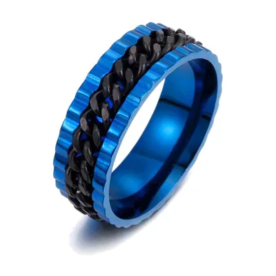 Anillo de Eslabones de Cadena en Azul y Negro, Acero Inoxidable