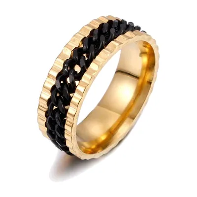 Anillo de Banda con Cadena Trenzada y Detalles Negros, Acero Inoxidable