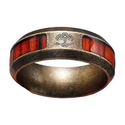 Anillo Yggdrasil Árbol de la Vida con Incrustación de Madera, Acero Inoxidable