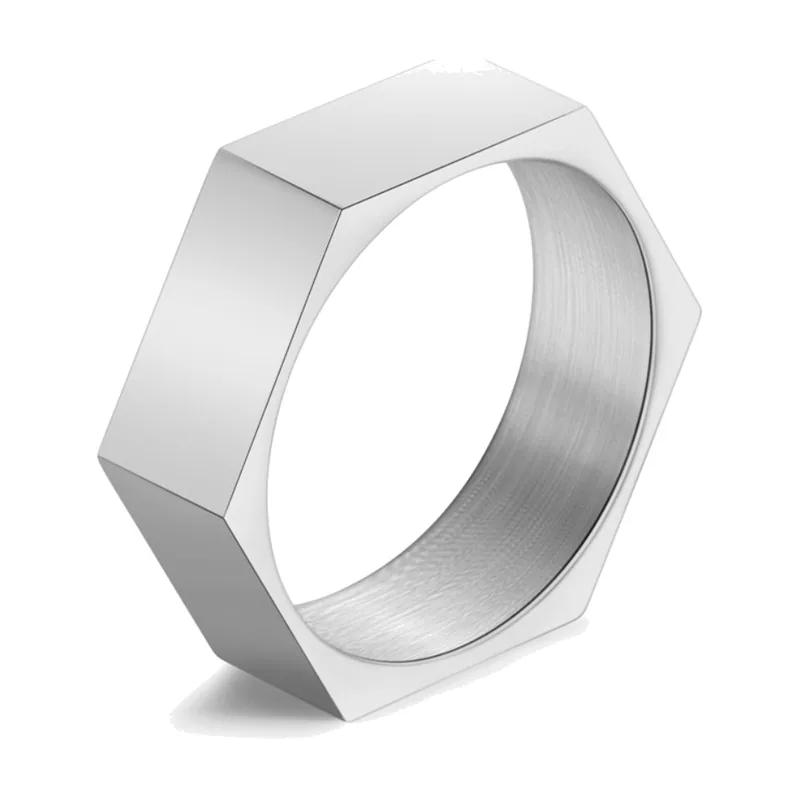 Hexagonal Nut Ring, Geometric Band, Stainless Steel