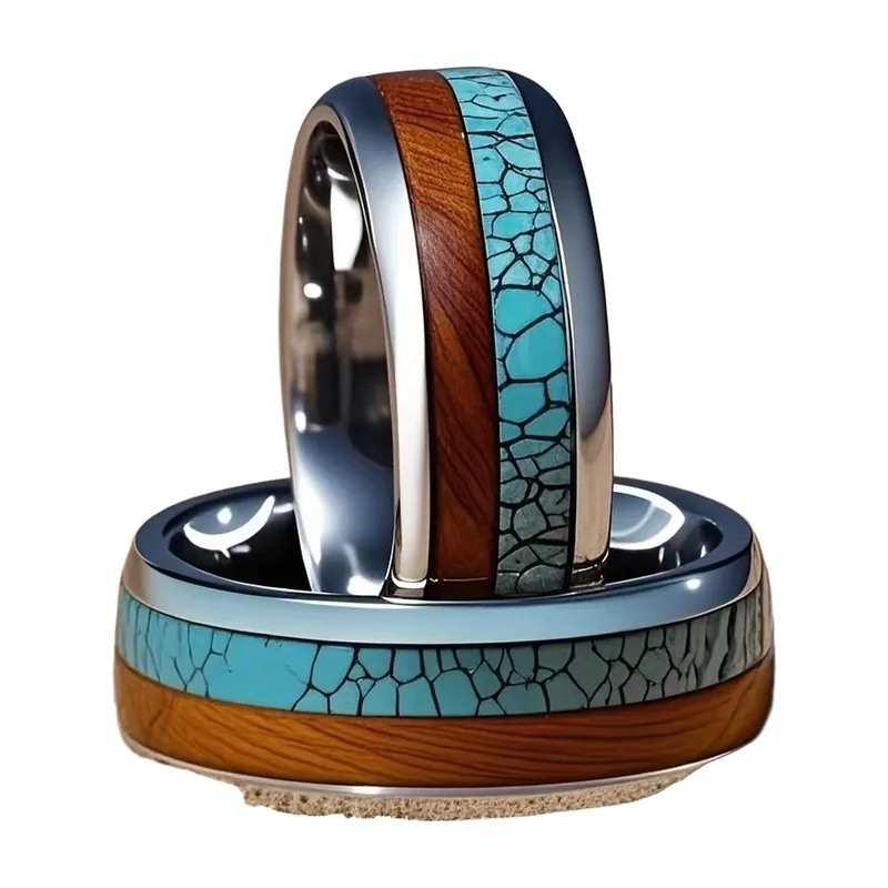 Herren Ring mit Blauem Stein und Holz-Inlay, Edelstahl