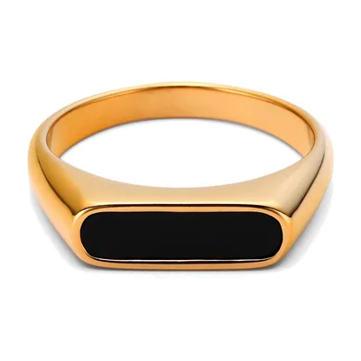 Anillo Sello Rectangular con Piedra Negra, Acero Inoxidable