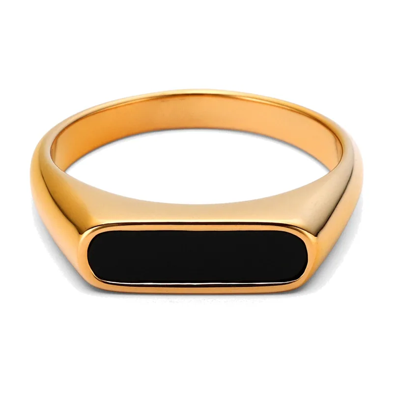 Rectangular Signet Ring with Black Stone, Stainless Steel