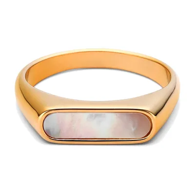 Anillo Sello Rectangular con Piedra Irisada Blanca, Acero Inoxidable
