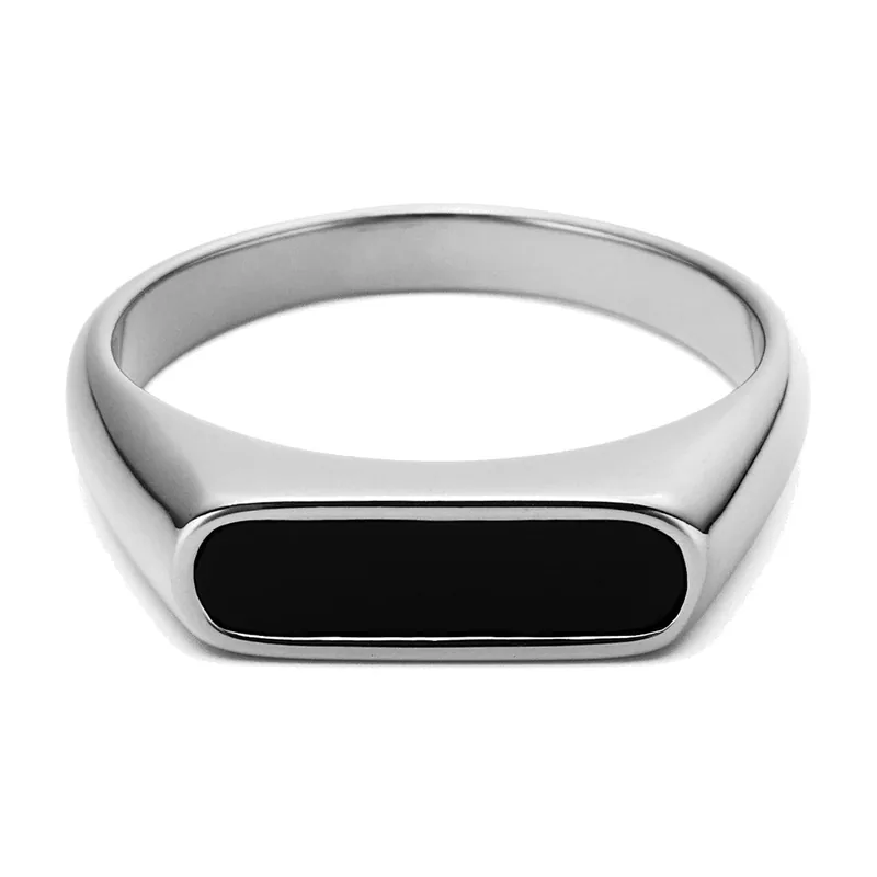 Anillo Sello Rectangular con Resina Negra, Acero Inoxidable