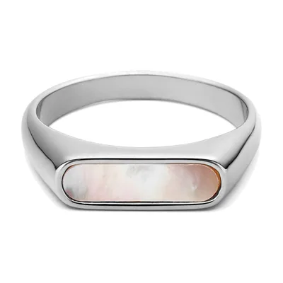 Anillo Sello Ovalado con Piedra Irisada Blanca, Acero Inoxidable
