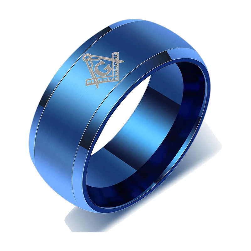 Anello Sigillo con Squadra e Compasso, Blu, Acciaio Inossidabile