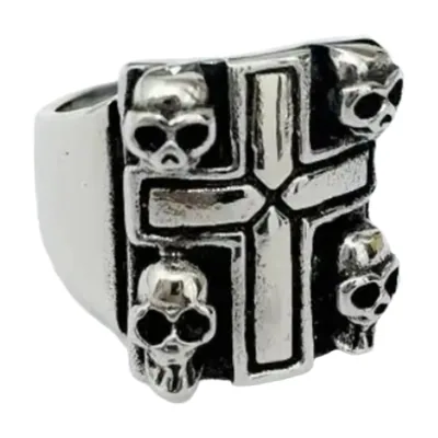 Anillo Sello con Cruz y Calaveras, Acero Inoxidable