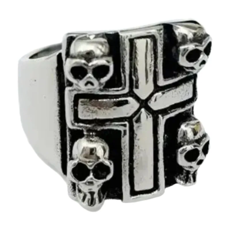 Chevalière Croix et Crânes, Acier Inoxydable