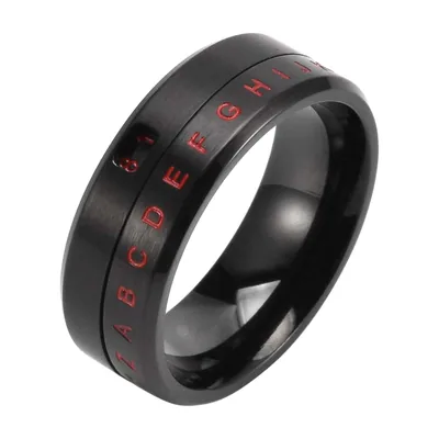 Bague Spinner avec Lettres et Chiffres Rouges, Acier Inoxydable Noir