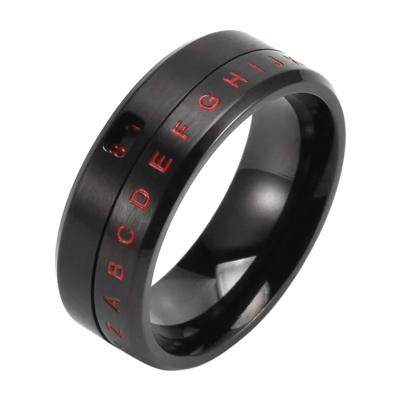 Rotating Spinner Ring with Red Letters and Numbers, Black Stainless Steel