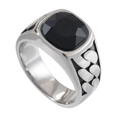 Anillo Sello Cuadrado con Ónix Negro, Acero Inoxidable