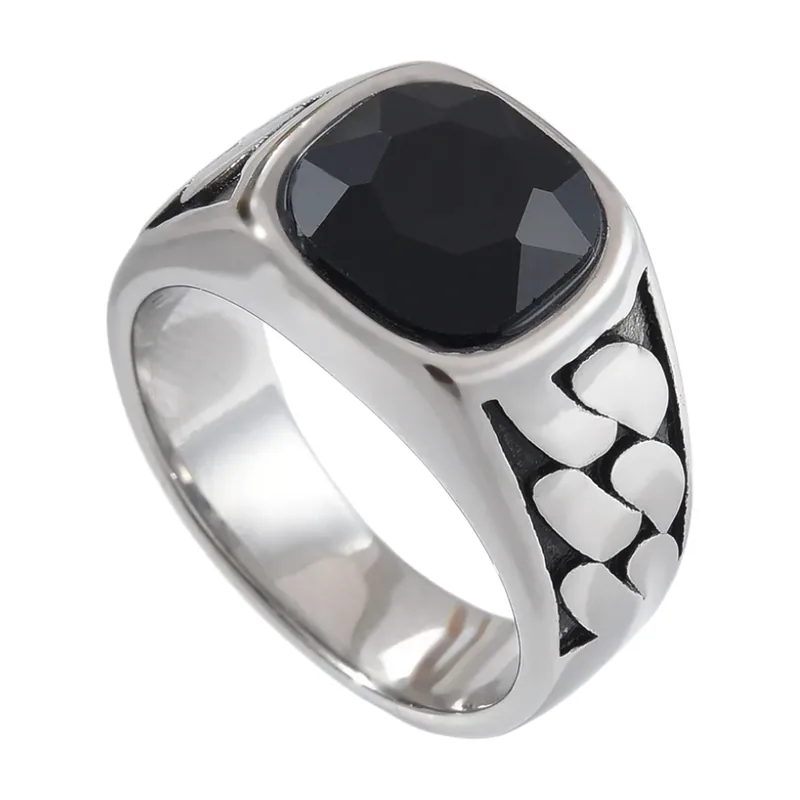 Chevalière Carrée avec Onyx Noir, Acier Inoxydable