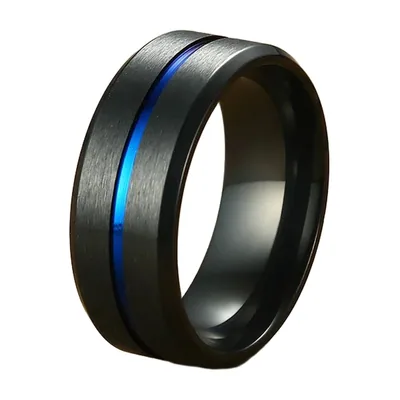 Anillo negro para hombre con inserto azul, acero inoxidable 316L