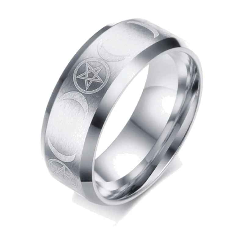 Anillo de Pentáculo y Triple Luna, Acero Inoxidable