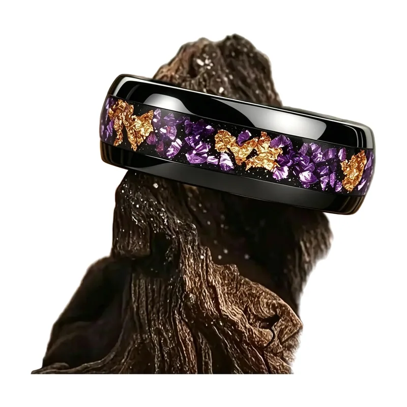 Galaxy Ring with Purple Abalone Shell Inlay, Stainless Steel