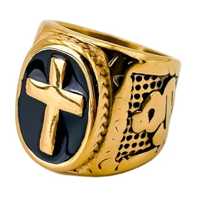 Square Signet Ring with Cross Motif and Black Enamel, Stainless Steel