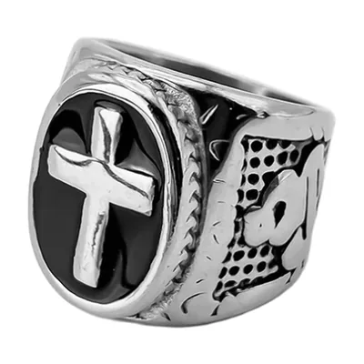 Square Signet Ring with Cross Motif, 316L Stainless Steel