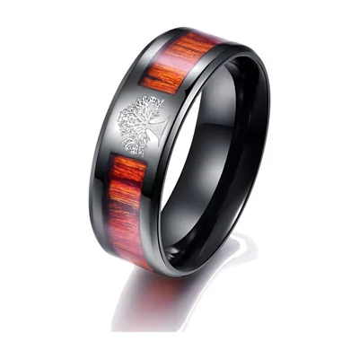 Tree of Life Ring with Wood Inlay, 316L Stainless Steel
