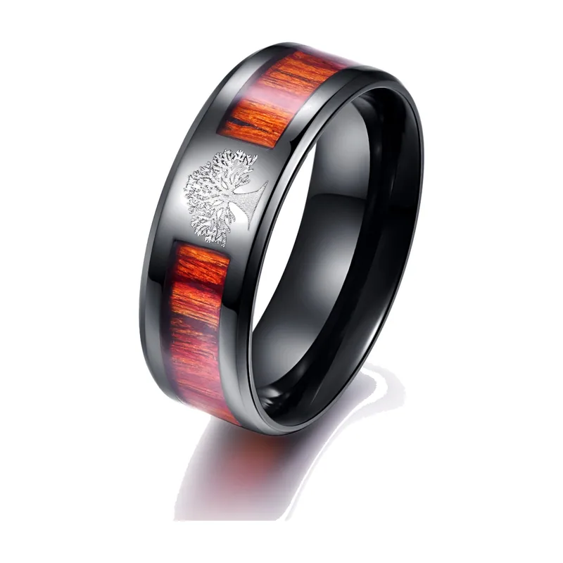 Lebensbaum Ring mit Holz-Inlay aus Edelstahl