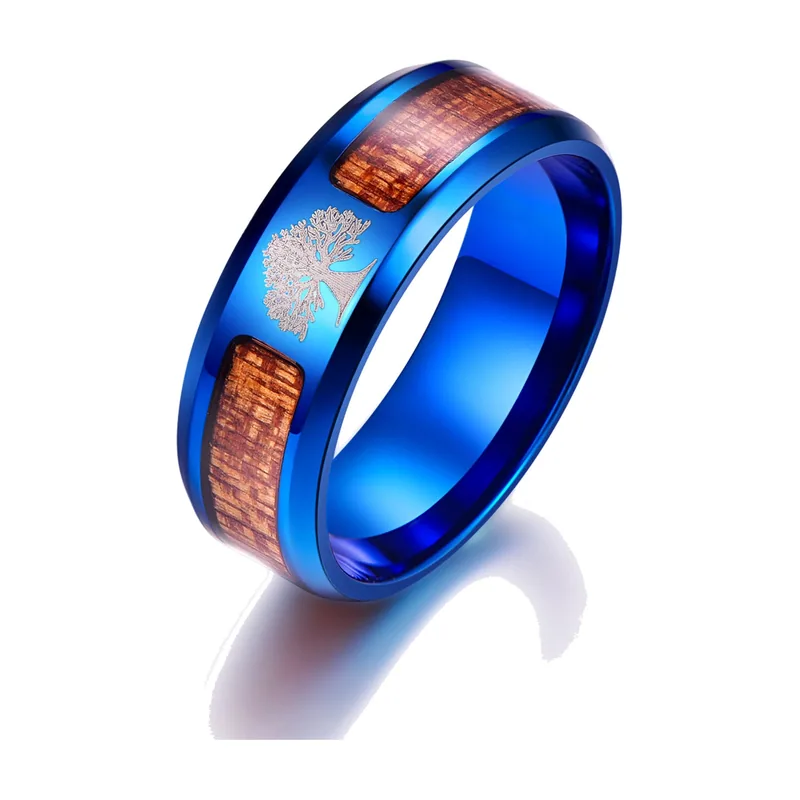 Lebensbaum Ring mit Holz-Inlay aus Edelstahl