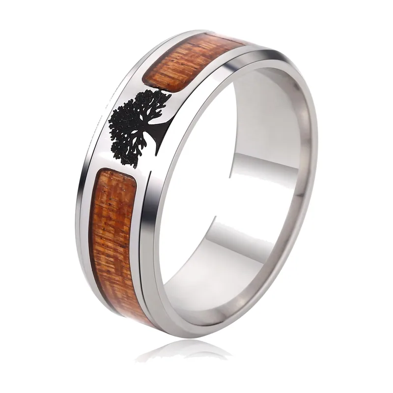 Lebensbaum Ring mit Holz-Inlay aus Edelstahl