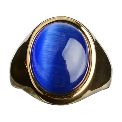 Oval Signet Ring with Blue Opal Stone, Stainless Steel