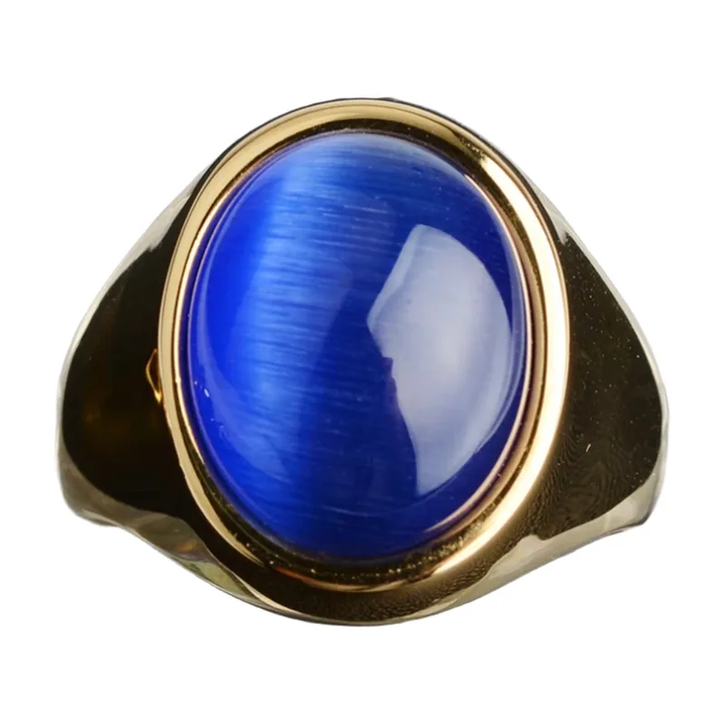 Oval Signet Ring with Blue Opal Stone, Stainless Steel