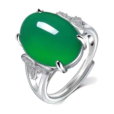 Anillo giratorio de engranaje con piedra verde y circonitas, acero inoxidable