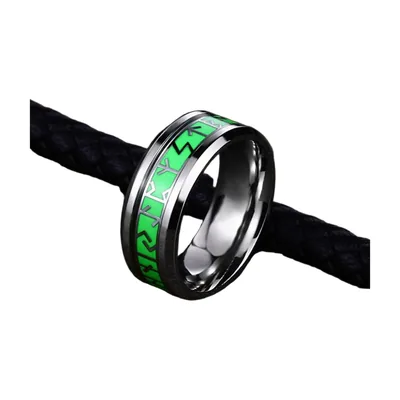 Anillo de Runas Vikingas con Incrustación Verde, Acero Inoxidable