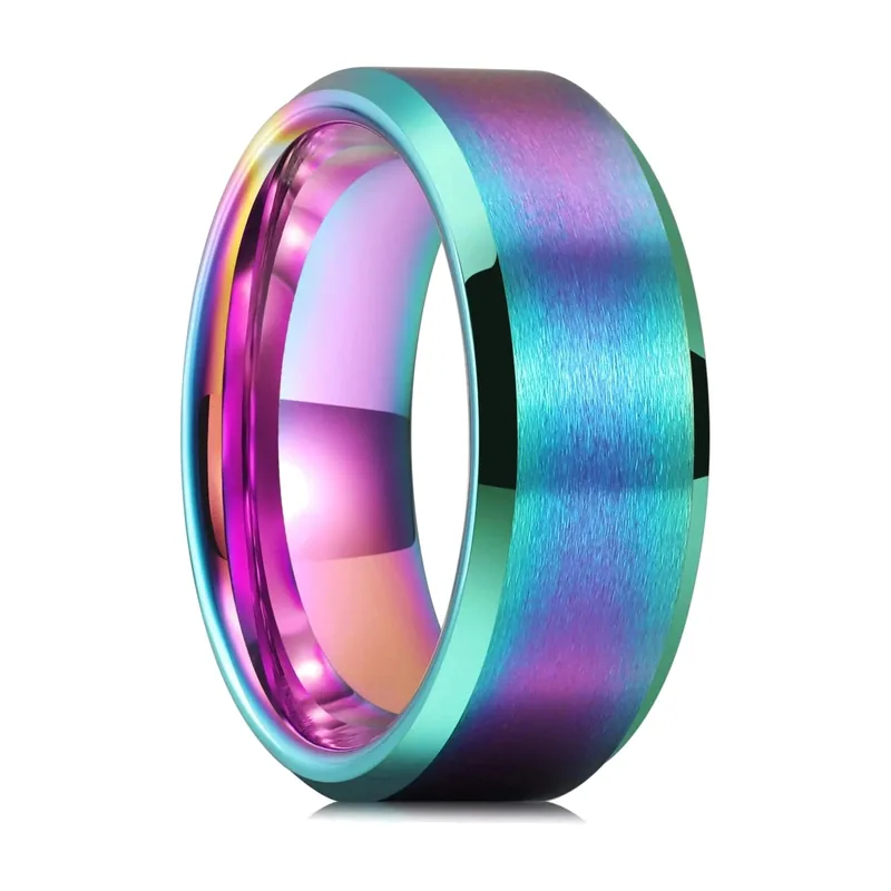 Rainbow Effect Band Ring with Polished Bevelled Edges, Stainless Steel