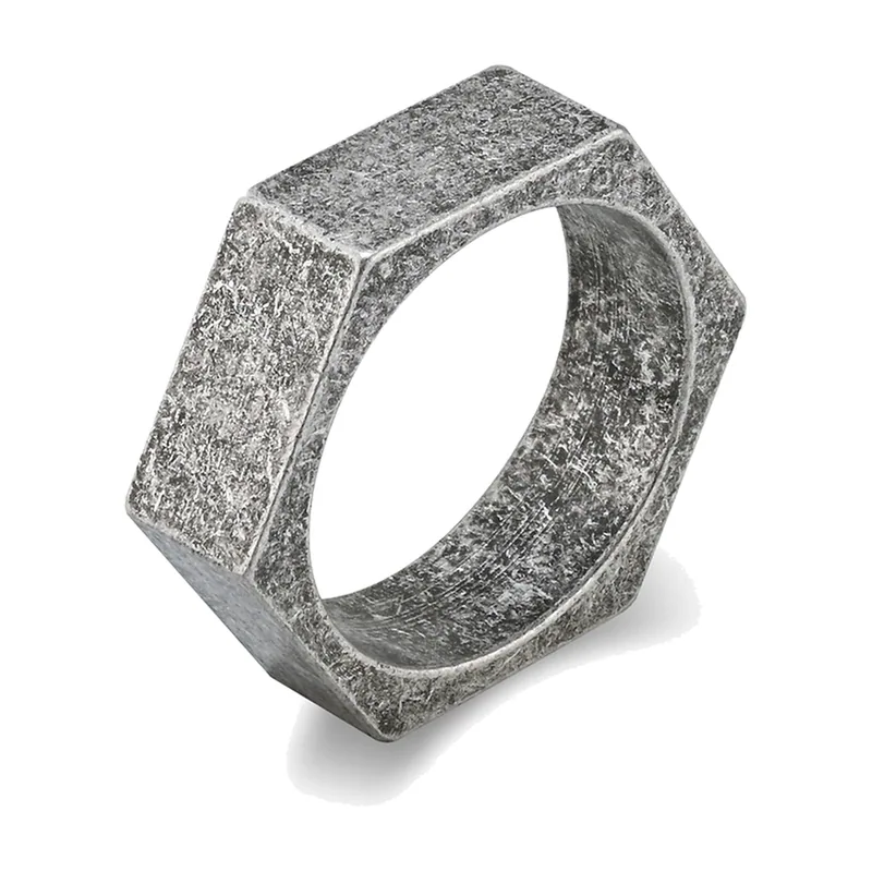 Hexagonal Band Ring, Brushed Stainless Steel