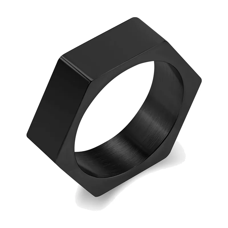 Bague Hexagonale en Acier Inoxydable Noir