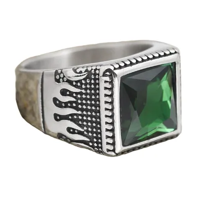 Anillo Sello Cuadrado con Ónice Verde, Acero Inoxidable