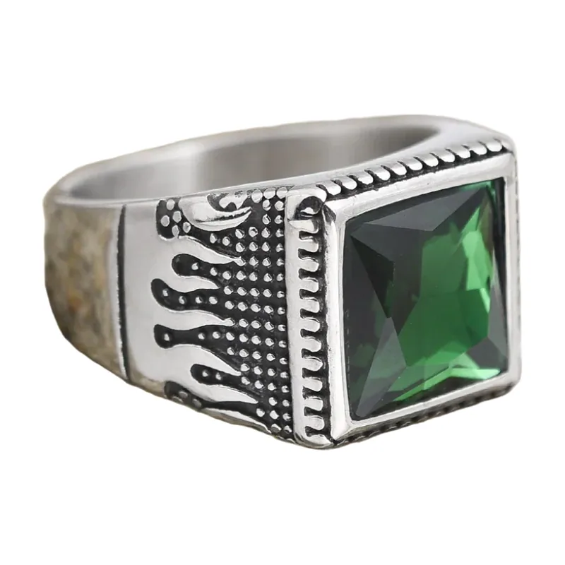 Chevalière Carrée avec Onyx Vert, Acier Inoxydable